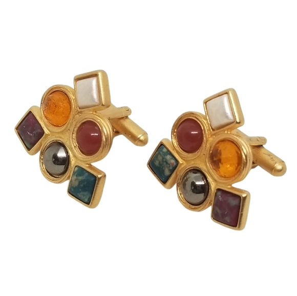 VINTAGE MATTE GOLDTONE & JEWEL TONE CABACHON GEOMETRIC DESIGN MENS CUFFLINKS - Picture 2 of 4